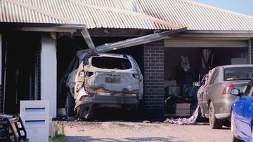 A man is on the run after hitting a pedestrian and crashing his car into the front of a home south of Brisbane, sparking a fire which destroyed the home.Neighbours have been left shaken after rushing to help after the ordeal at Park Ridge in Logan last night.