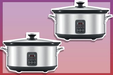9PR: Breville The Smart Temp Slow Cooker on pink, red, and purple background.
