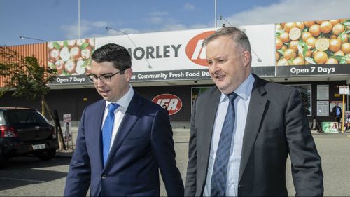 Labor candidate for Perth Patrick Gorman, with Shadow Transport Minister Anthony Albanese. (AAP)