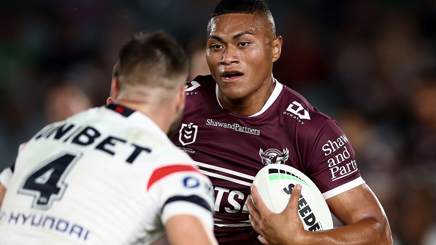 Samuela Fainu in action for Manly against the Roosters.