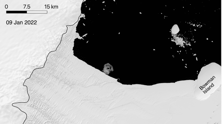 Before its collapse, the Conger Ice Shelf area was roughly 1200 square kilometers (about the size of Rome) as of March 14, 2022.