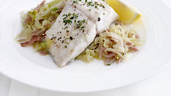Blue-eye trevalla with bacon and cabbage