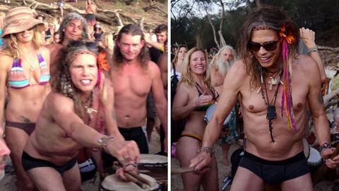 Watch: Aerosmith's Steven Tyler plays bongos while bouncing in undies