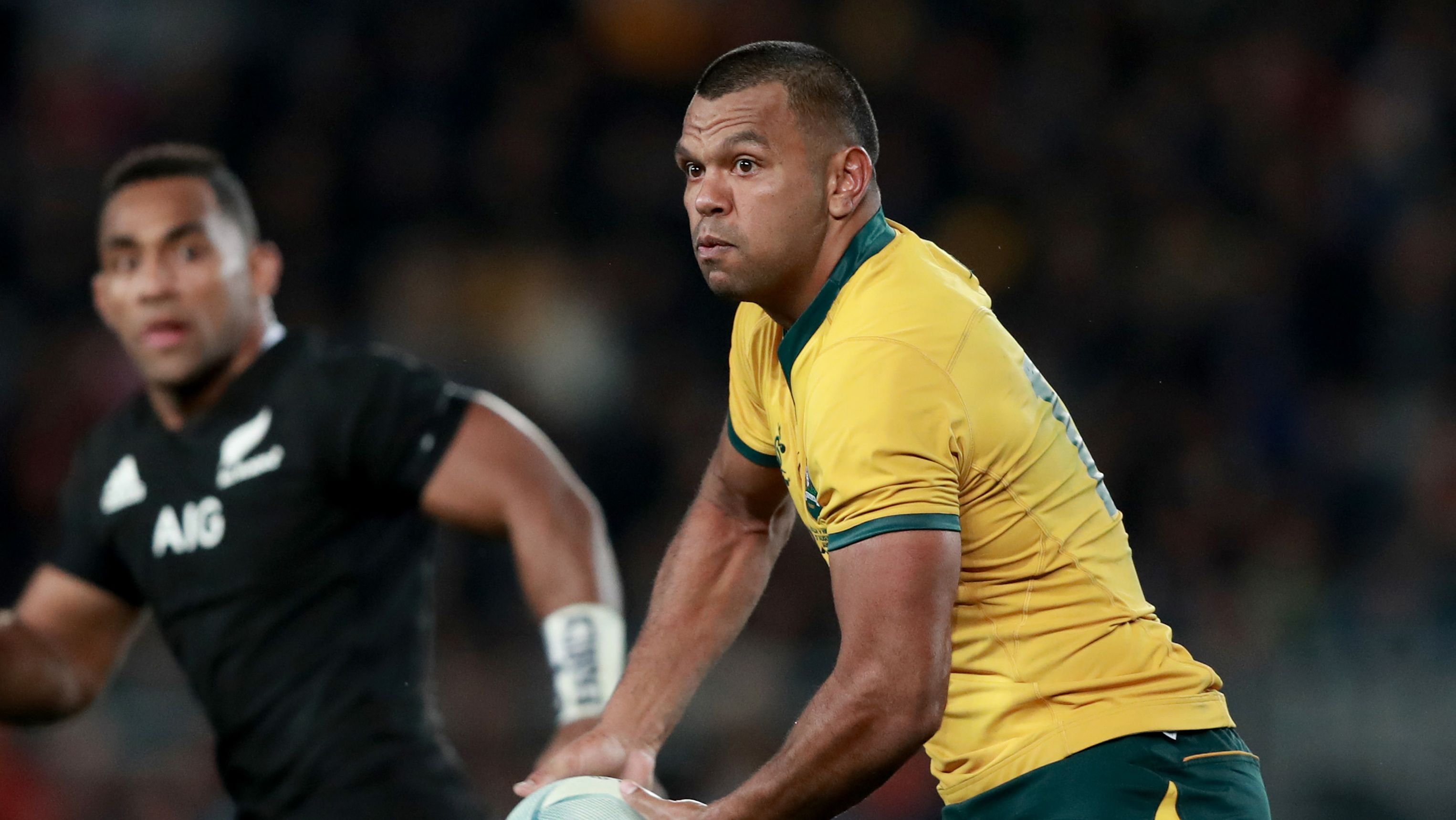 Kurtley Beale of the Wallabies looks to pass the ball during the 2019 Rugby Championship Test against the New Zealand All Blacks at Eden Park.