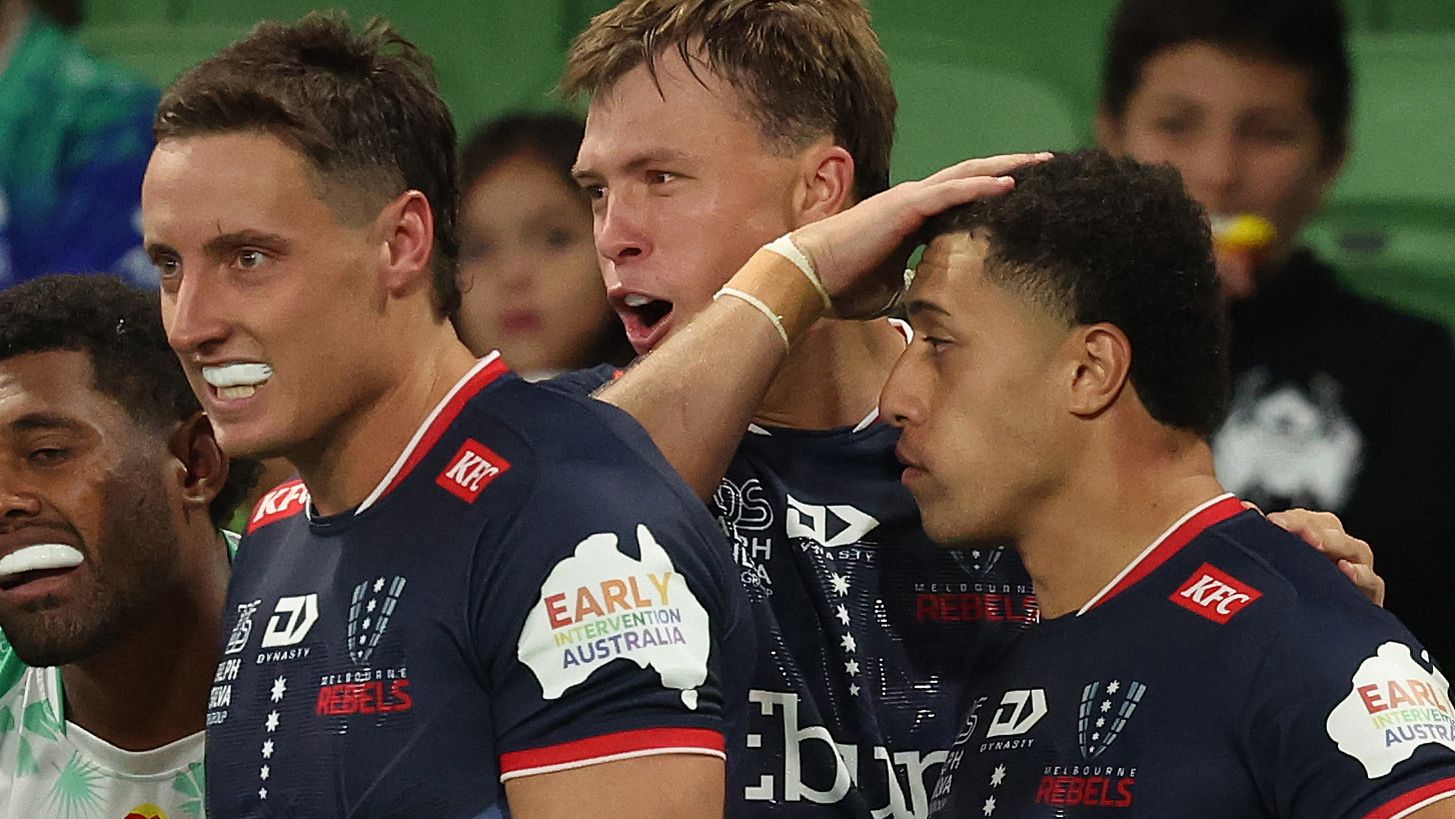 Glen Vaihu of the Rebels celebrates after scoring a try during the round seven Super Rugby Pacific match between Melbourne Rebels.