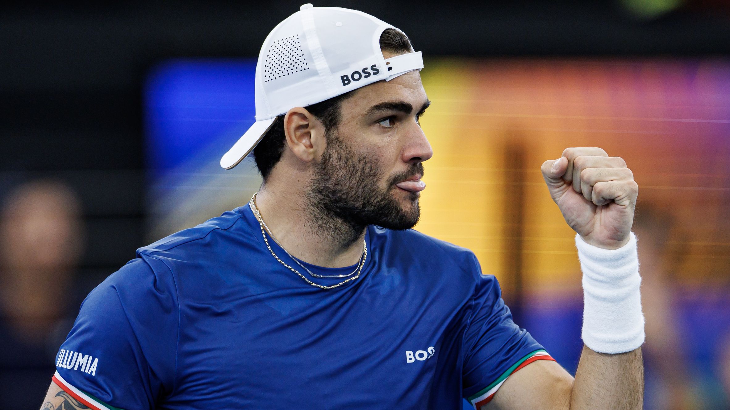 BRISBANE, AUSTRALIA - DECEMBER 30: Matteo Berrettini of Italy competes against Thiago Monteiro of Brazil during day two of the 2023 United Cup at Pat Rafter Arena on December 30, 2022 in Brisbane, Australia. (Photo by Frey/TPN/Getty Images)