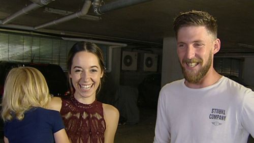 Gold Coast couple Sarah Brew and Joseph Stephen are all smiles this morning after the "pretty scary ordeal". (9NEWS)