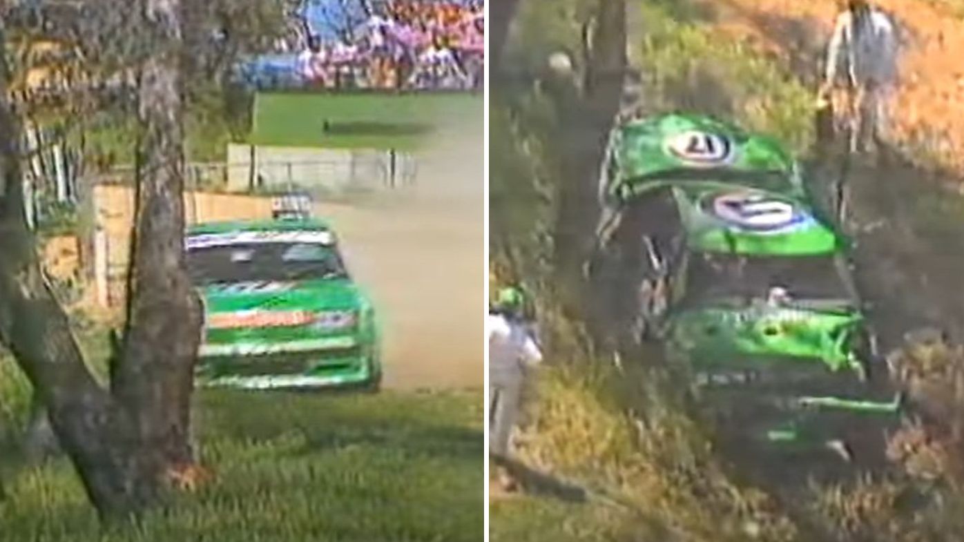 Dick Johnson&#x27;s Falcon heads for the trees during his qualifying lap in 1983 (left) and the wreckage (right) from which Johnson escaped unscathed.