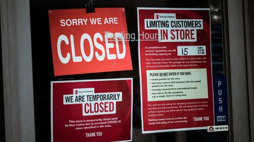 Shops on Sydney Road in Brunswick display signs informing customers of their closure on August 05, 2020 in Melbourne, Australia. 