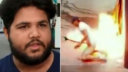 The petrol station attendant (left) and CCTV footage of the man lighting one of the pumps on fire (right).