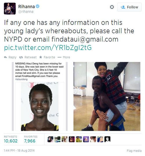 A Tweet by Rihanna when Deng went missing. 