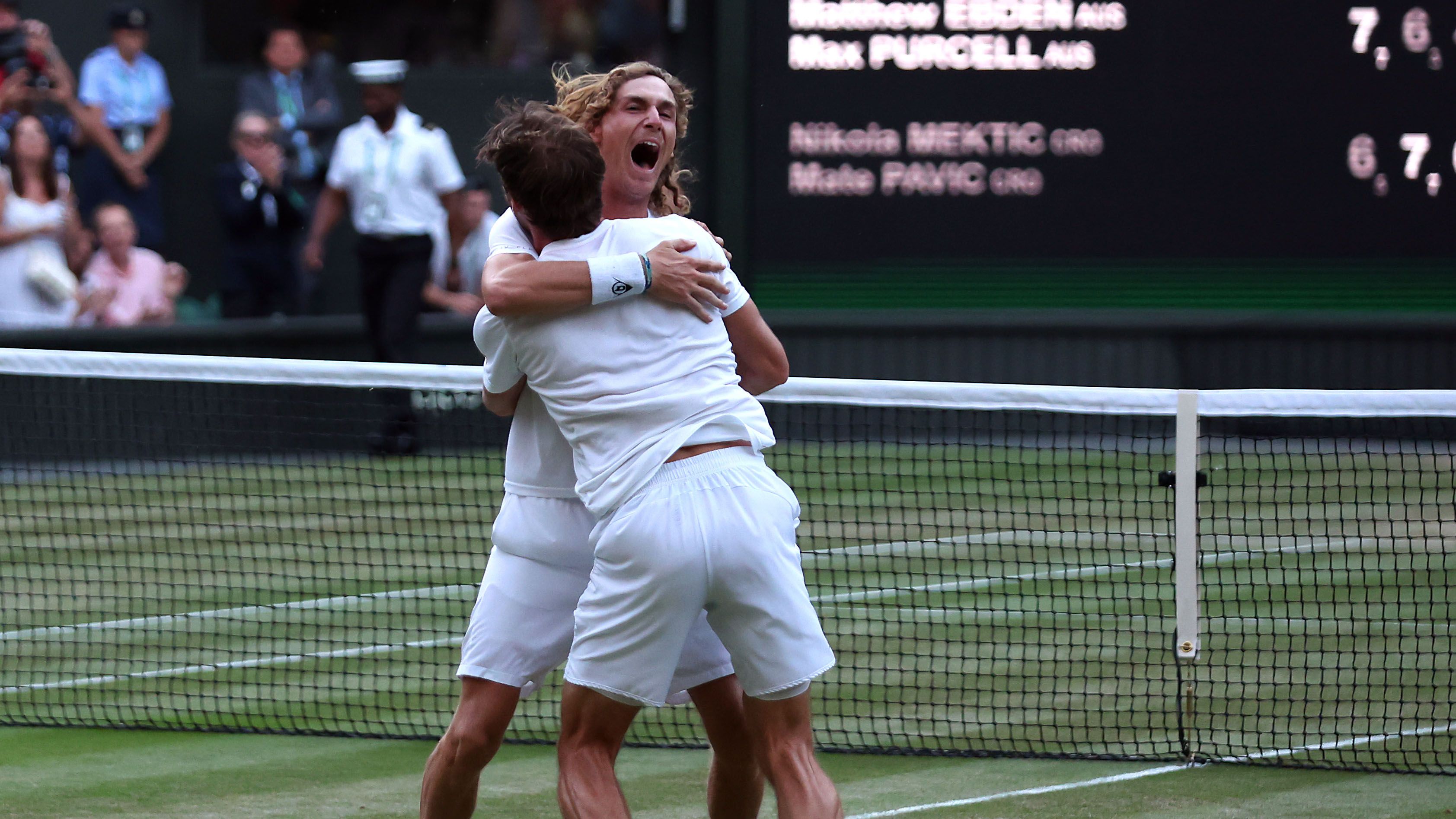 Matthew Ebden and Max Purcell of Australia celebrate after winning the Wimbledon men&#x27;s doubles