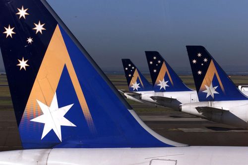 SPECIAL 9872 Ansett Takeoff; Sydney; Picture by Dallas Kilponen; Sun Herald; 29th September 2001. Pic shows Ansett planes ready for work at Sydney Airport. Tail
