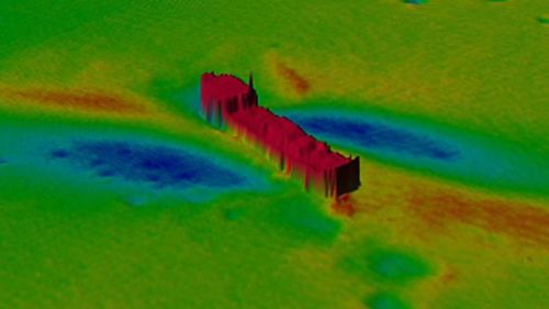 A sonar image showing the unexpected shape of a ship. (AIMS).