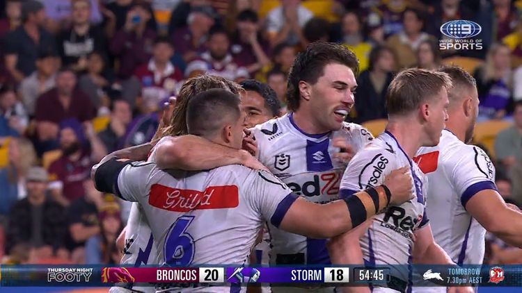 Will Warbrick of the Storm scores a try during the NRL Round 12 match  between the Redcliffe Dolphins and the Melbourne Storm at Suncorp Stadium  in Brisbane, Saturday, May 20, 2023. (AAP