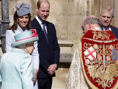 Members of Britain's Royal family watch as Britain's Queen Elizabeth II arrives to attend the Easter Mattins Service at St. George's Chapel, at Windsor Castle in England Sunday, April 21, 2019