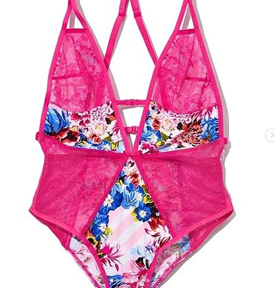 The bright pink, floral teddy available in the new <em>VS Loves Mary Katrantzou</em> collection.