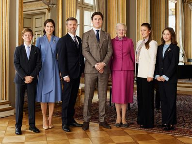 An official portrait released to celebrate Prince Christian of Denmark's 18th birthday with (L-R) Prince Vincent, Crown Princess Mary, Crown Prince Frederik, Queen Margrethe II, Princess Isabella and Princess Josephine, on Sunday October 15 2023, in Copenhagen, Denmark.