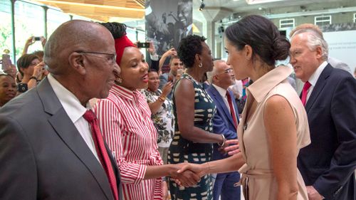 The Duke and Duchess of Sussex today met friends and family of the anti-apartheid campaigner who died in 2013, including his granddaughter Zamaswazi Dlamini-Mandela. Image: AP