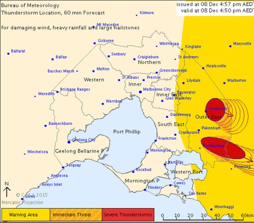 Severe thunderstorm warning issued for Melbourne's east, with damaging winds, heavy rainfall and large hailstones predicted