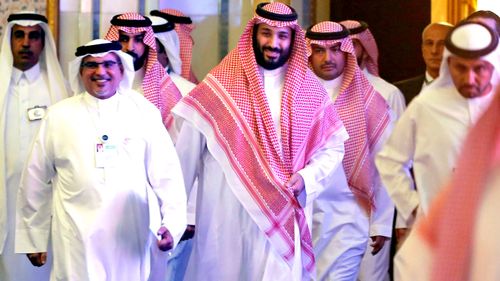 Saudi Crown Prince Mohammed bin Salman arrives to attend the second day of the Future Investment Initiative conference, in Riyadh.