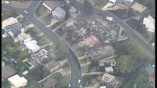 Aerial images show the indiscriminate nature of the fire, destroying some homes but leaving others standing next door. Pictur: 9News