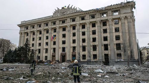 The City Hall building in the central square following shelling in Kharkiv, Ukraine.
