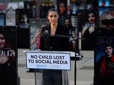 Meghan Markle, Duchess of Sussex, attends the inauguration of the Lost Screen Memorial ahead of the opening of the 79th World Health Assembly at Place des Nations on May 17, 2026 in Geneva, Switzerland. 