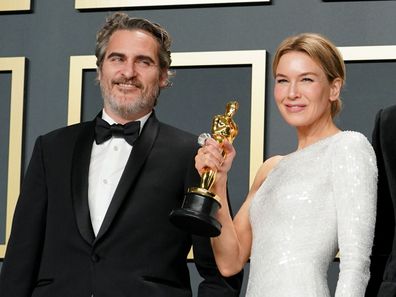 Joaquin Phoenix, winner of the Actor in a Leading Role award for Joker, and Rene Zellweger, winner of the Actress in a Leading Role award for Judy, at the 2020 Oscars.