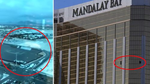 The view from the sniper's nest (left), and the two windows Stephen Paddock punched out with a hammer (right).