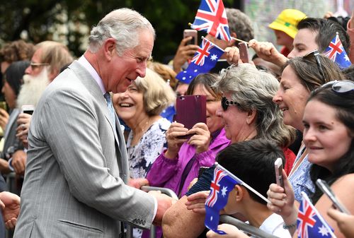 Prince Charles and the Duchess of Cornwall greet crowds in Brisbane's Botanic Gardens. (9NEWS)