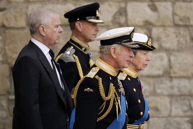 Prince Andrew, Duke of York, Prince Edward, Earl of Wessex, King Charles III and Anne, Princess Royal walk behind the Queen's funeral cortege on September 19, 2022 in London.