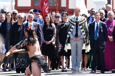 Meghan Duchess of Sussex and Prince Harry attend a powhiri and luncheon in their Highnesses' honour at the Te Papaiouru Marae in Rotorua, New Zealand.