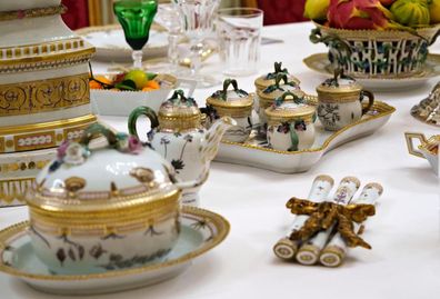 The table setting for the surprise dinner thrown by Crown Prince Frederik and Princess Mary for Queen Margrethe's golden jubilee.