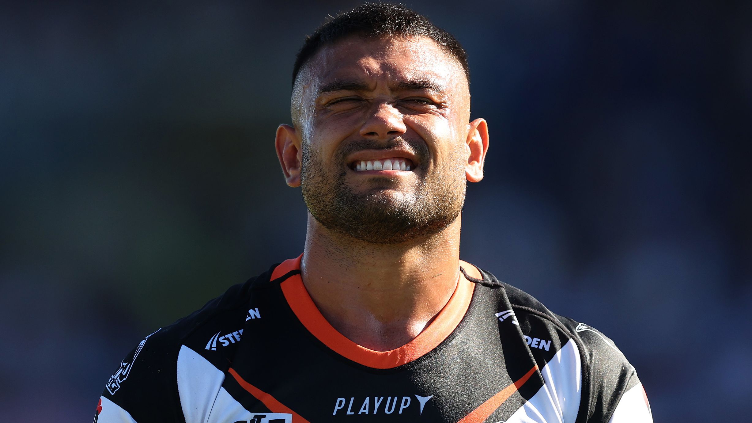 SYDNEY, AUSTRALIA - MARCH 19: David Nofoaluma of the Wests Tigers reacts during the round three NRL match between Canterbury Bulldogs and Wests Tigers at Belmore Sports Ground on March 19, 2023 in Sydney, Australia. (Photo by Mark Metcalfe/Getty Images)