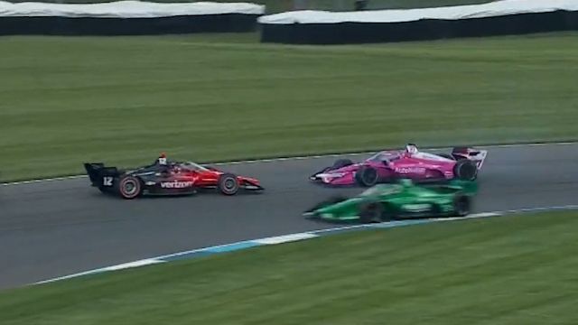Will Power&#x27;s car faces the wrong way after contact from Kyle Kirkwood.