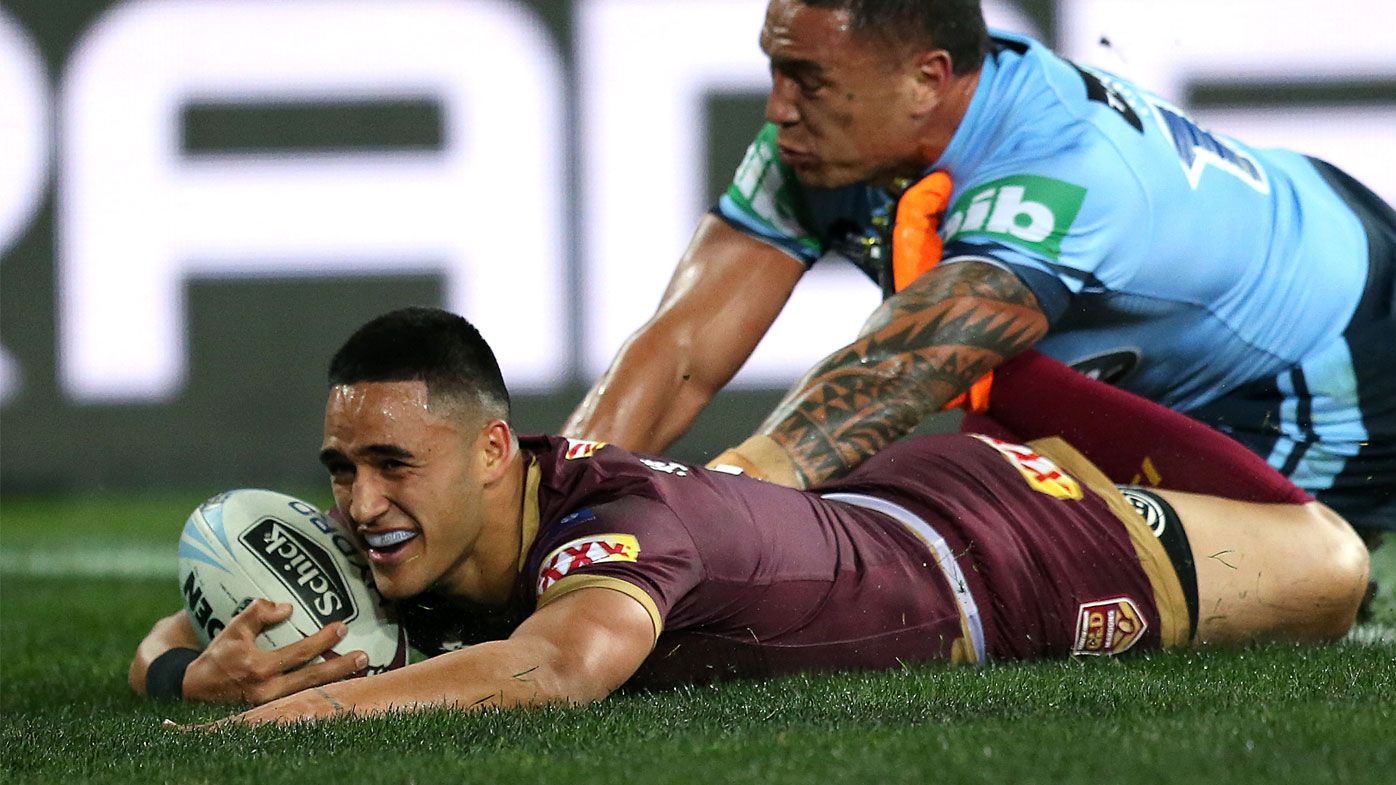 Valentine Holmes scores a try for Queensland.