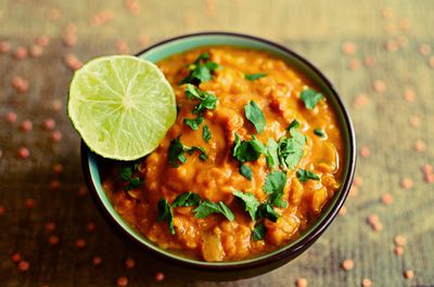 Red lentil dhal with crisp onions