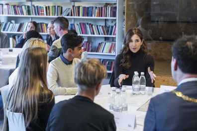 VALLENSBAEK, DENMARK - MARCH 17:  Queen Mary of Denmark participates in the School Force visit with the Mary Foundation at Pilehaveskolen on March 17, 2025 in Vallensbaek, Denmark.  (Photo by Martin Sylvest Andersen/Getty Images)