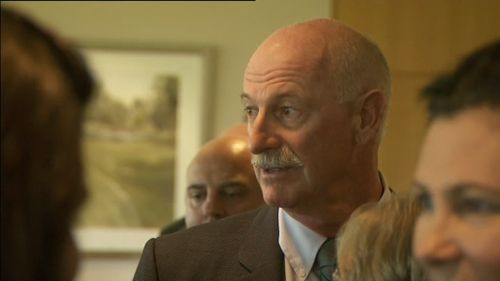 Bowling great Dennis Lillee at Richie Benaud's funeral. (9NEWS)