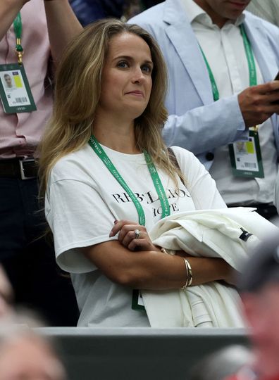 Kim Sears looks on after Andy Murray of Great Britain wins against James Duckworth of Australia during the Men's Singles First Round match during Day One of The Championships Wimbledon 2022 at All England Lawn Tennis and Croquet Club on June 27, 2022 in London, England. 