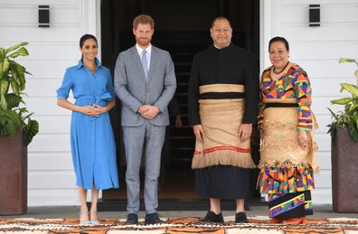 Image ©Licensed to i-Images Picture Agency. 26/10/2018. Tonga, Tonga. Prince Harry and Meghan Markle Royal Tour-Day Eleven. Prince Harry, The Duke of Sussex accompanied by his wife Meghan, The Duchess of Sussex, meet with the King and Queen of Tonga. The Duke and Duchess of Sussex are on their official 16-day Autumn tour visiting cities in Australia, Fiji, Tonga and New Zealand.  Picture by Andrew Parsons / i-Images