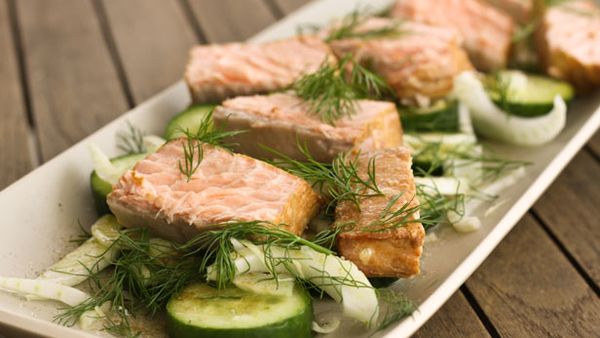 Lemon and ginger tea smoked salmon with a cucumber and fennel salad