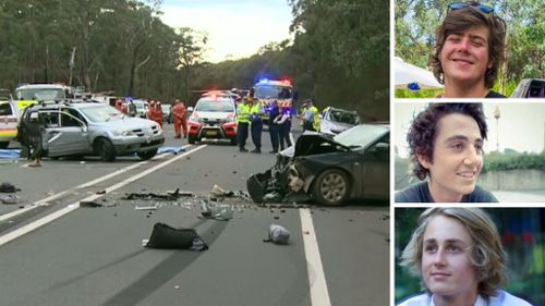 The crash site at Bilpin and victims Ben Sawyer, Luke Shanahan and Lachlan Burleigh. 