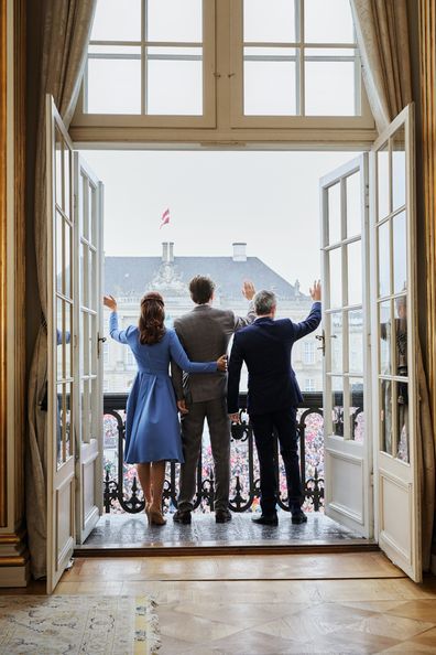 Prince Christian of Denmark, Crown Princess Mary and Crown Prince Frederik at Amalienborg Palace for Christian's 18th birthday on Sunday October 15, 2023