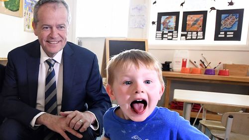 Lucas, 4 (right) and Opposition Leader Bill Shorten at the Goodstart Early Learning Centre at Albany Creek in Brisbane.