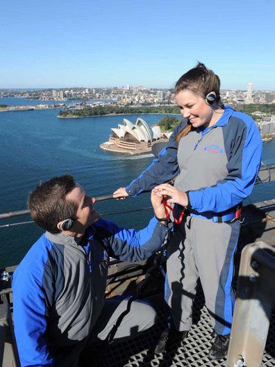 BridgeClimb Sydney -- climbers proposing on top of the Sydney Harbour Bridge