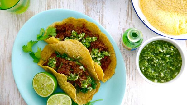 Jacqueline Alwill's slow cooked Mexican beef with cucumber, apple and jalapeño salsa, courtesy of You're Better On Beef