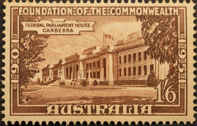 Australian postage stamp, unfranked. Foundation of Commonwealth of Australia 1901-1951. Parliament House, Canberra