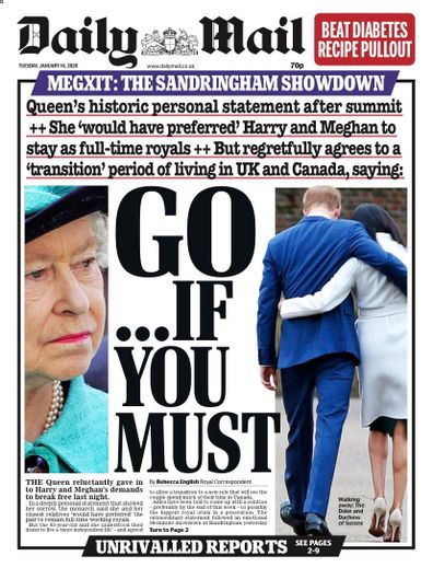 Daily Mail UK front pages Prince Harry Meghan Markle royal exit